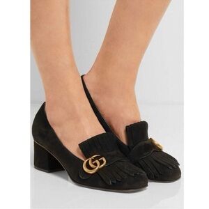 Gucci GG Marmont Pumps Black Suede Kid Scamosciato Block Heel Logo Loafers 36.5